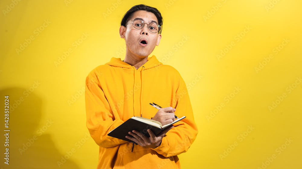 Confident young Asian man in yellow hoodie and glasses holding a notebook and pen while writing, with a calm expression, against a solid yellow background. Studio shot concept of study or planning