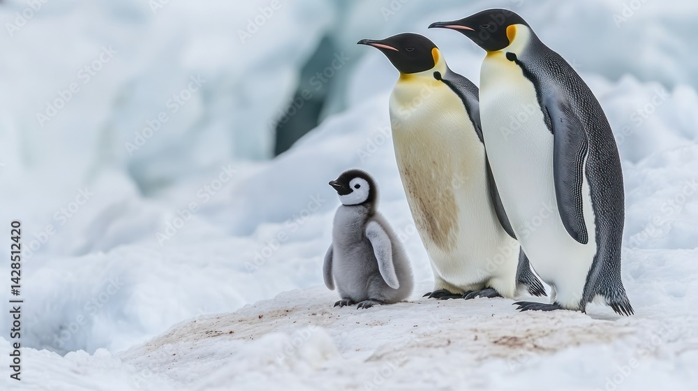 Fototapeta premium Emperor penguins and chick on ice
