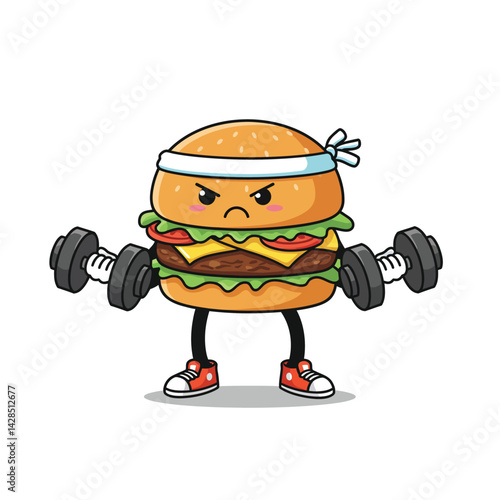Cartoon hamburger character lifting dumbbells fitness exercise illustration with headband and sneakers 