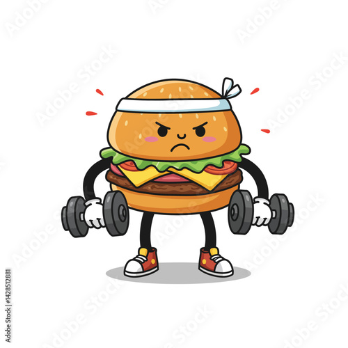 Cartoon cheeseburger with dumbbells exercising fitness and strength training vector illustration 