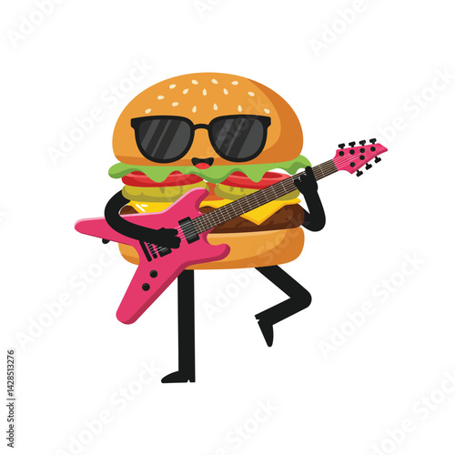 Hamburger character playing electric guitar with sunglasses fun food illustration vector 