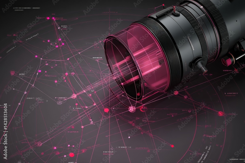 Camera Lens Surrounded by Data Visualization and Digital Elements