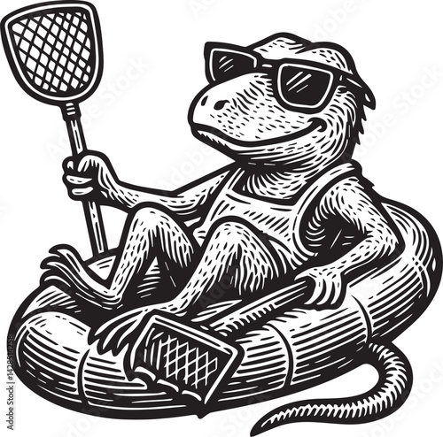 Cartoon lizard lounging on a pool float with sunglasses vector illustration
