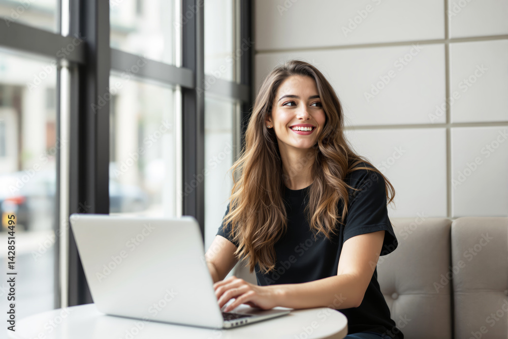 Woman using laptop at table in a bright cafe, realistic style, indoor background with large windows, concept of creative remote work. Ai generative Woman using laptop at table in a bright cafe, realistic style, indoor background with large windows, concept of creative remote work. Ai generative