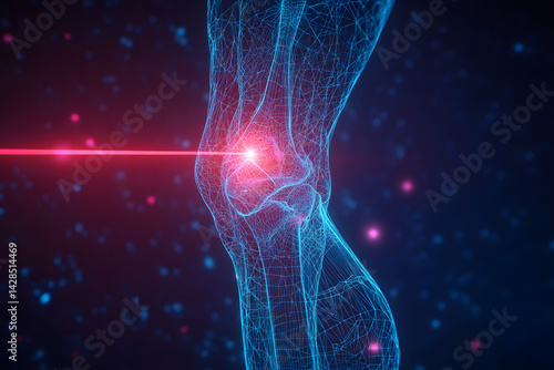 Futuristic 3D wireframe of human knee joint with red laser highlighting pain or injury, representing medical diagnostics, arthritis, joint therapy, healthcare, and orthopedic treatment