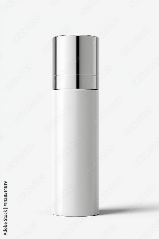 Clean Minimalist White Cosmetic Bottle with Silver Cap on White Background