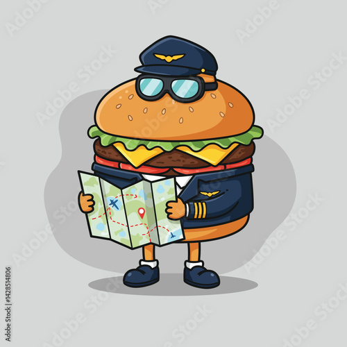 Cartoon hamburger character dressed as pilot holding map with sunglasses and captain uniform vector illustration 