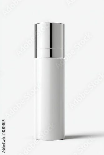Obraz na płótnie Clean Minimalist White Cosmetic Bottle with Silver Cap on White Background w salonie