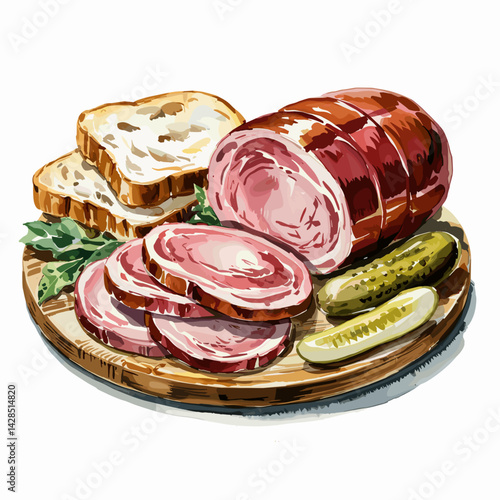 Watercolor BBQ Bologna Platter with Bread and Pickles