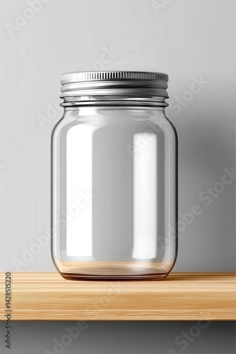 Obraz na płótnie Clear Glass Jar on Wooden Shelf with Silver Lid for Storage Ideas w salonie