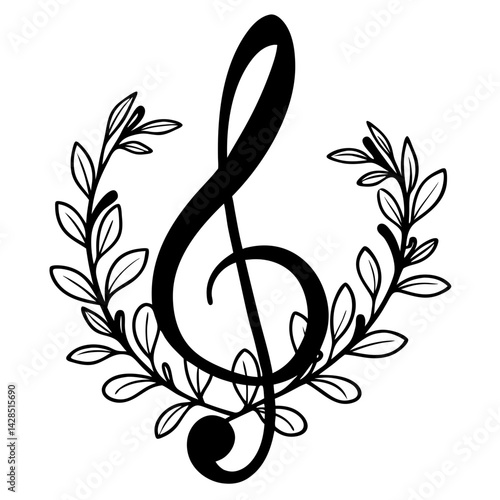 Musical note sprouts tiny leaves icon logo. Green harmony vector