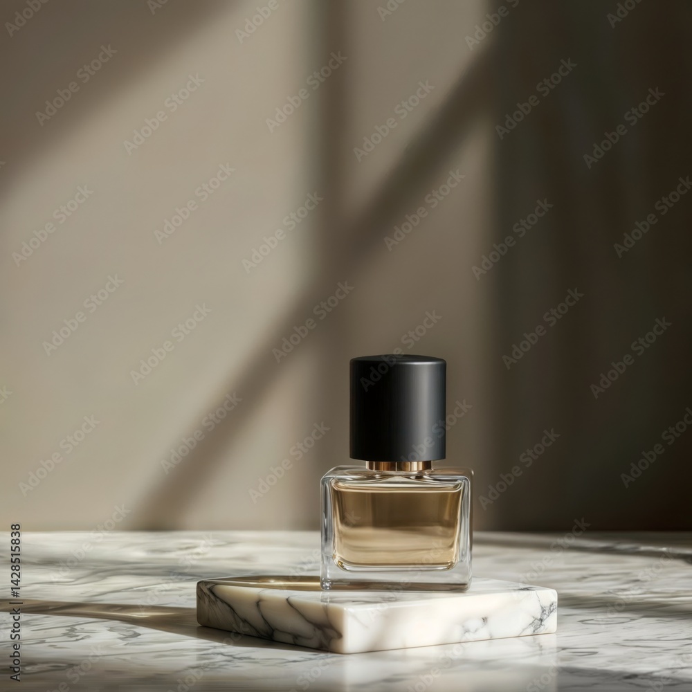 Elegant Perfume Bottle. Square perfume bottle with golden liquid on marble base, against beige wall with shadows.