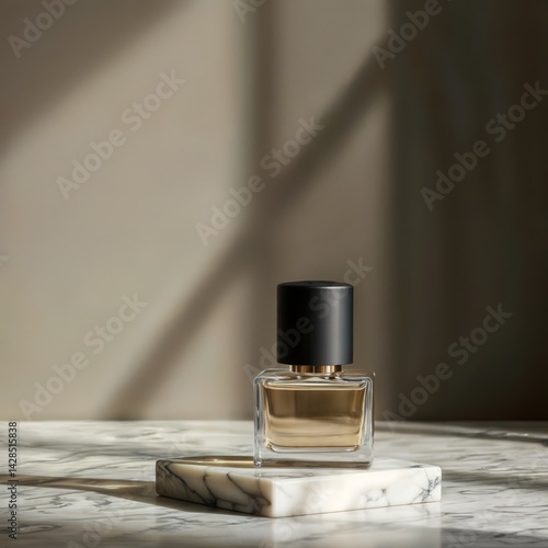 Obraz na płótnie Elegant Perfume Bottle. Square perfume bottle with golden liquid on marble base, against beige wall with shadows. w salonie