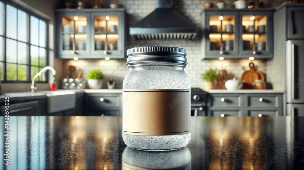 Glass Jar Mockup. A clear glass jar with a blank label in a modern kitchen setting.