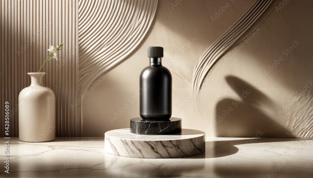 Black Bottle Display. Black cosmetic bottle on a round marble platform with a flower vase and wavy wall design.