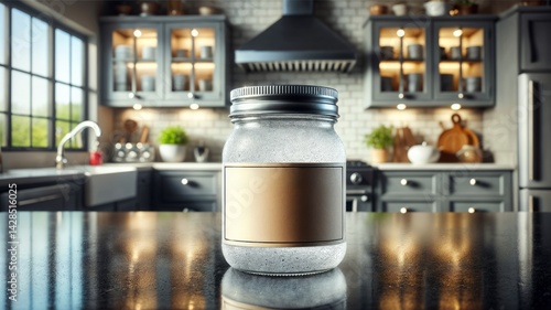 Glass Jar Mockup. A clear glass jar with a blank label in a modern kitchen setting.