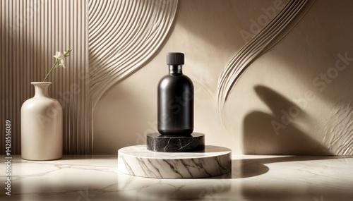 Obraz na płótnie Black Bottle Display. Black cosmetic bottle on a round marble platform with a flower vase and wavy wall design. w salonie