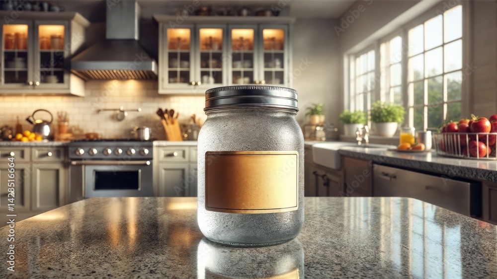 Glass Jar on Counter. Clear glass jar with a blank label on a granite countertop in a modern kitchen. Nobody, no people.