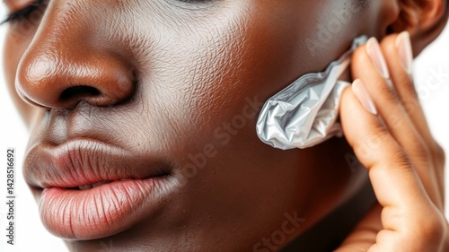 Obraz na płótnie Dark Skinned Woman Facial. Close up of a dark skinned woman holding a cold pack to her face. w salonie