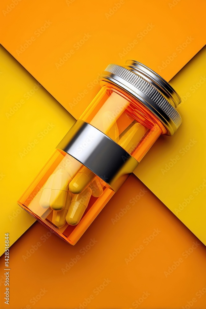 Colorful Capsule Bottle with Yellow Pills on Bright Orange Surface