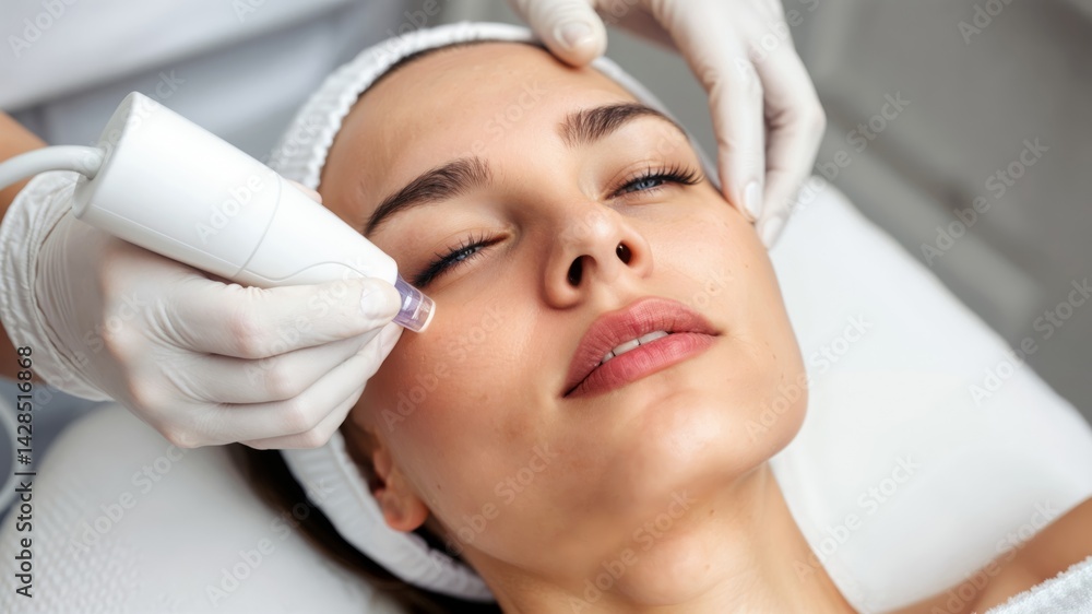 Facial Skin Treatment. Cosmetologist performing facial skin resurfacing treatment on a woman's face at a spa. One person, nobody.