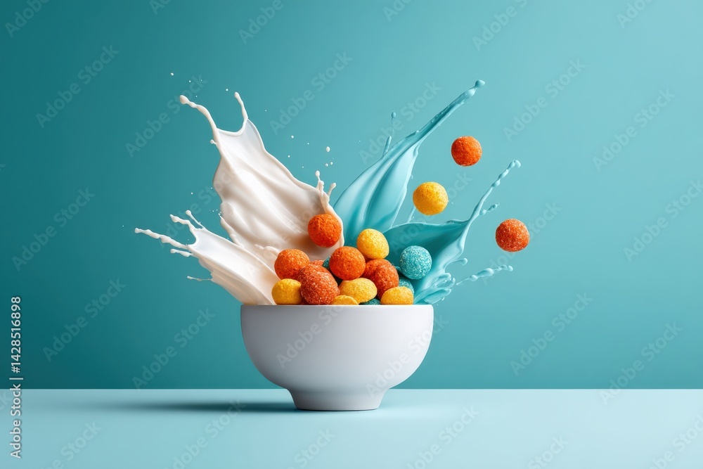 Colorful Cereal Splash with Milk and Blue Liquid in White Bowl