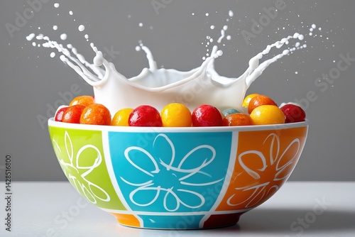 Obraz na płótnie Colorful Candy Bowl with Milk Splash on a Gray Background w salonie
