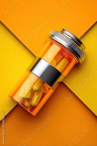Obraz na płótnie Colorful Capsule Bottle with Yellow Pills on Bright Orange Surface w salonie
