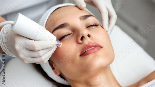 Obraz na płótnie Facial Skin Treatment. Cosmetologist performing facial skin resurfacing treatment on a woman's face at a spa. One person, nobody. w salonie