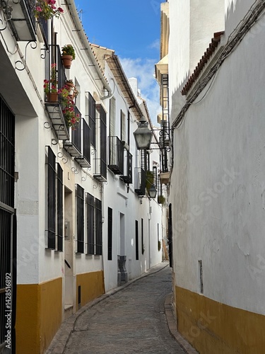 Obraz na płótnie View of a narrow street with white walls and flower boxes in the old town Córdoba, Andalusia, Spain, April 2024 w salonie