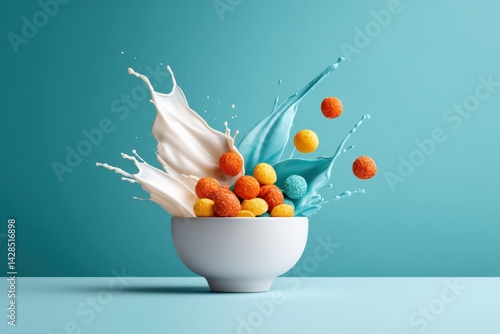 Obraz na płótnie Colorful Cereal Splash with Milk and Blue Liquid in White Bowl w salonie