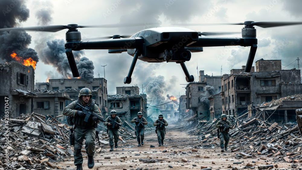 Drone and Soldiers. A combat drone flies above soldiers in a destroyed cityscape. Buildings are in ruins with smoke in the background.