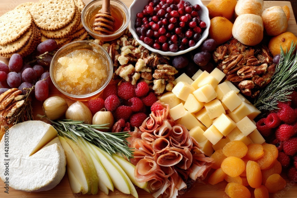 Colorful Charcuterie Board with Fresh Fruits and Gourmet Treats