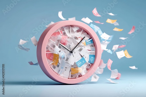 Obraz na płótnie Colorful Clock Surrounded by Flying Paper Receipts on Blue Background w salonie
