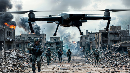 Obraz na płótnie Drone and Soldiers. A combat drone flies above soldiers in a destroyed cityscape. Buildings are in ruins with smoke in the background. w salonie