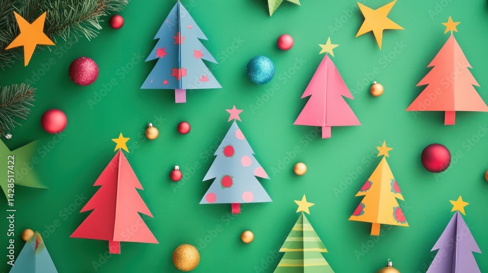 Handcrafted colorful Christmas trees and stars lay flat on green background for holiday Handcrafted colorful Christmas trees and stars lay flat on green background for holiday