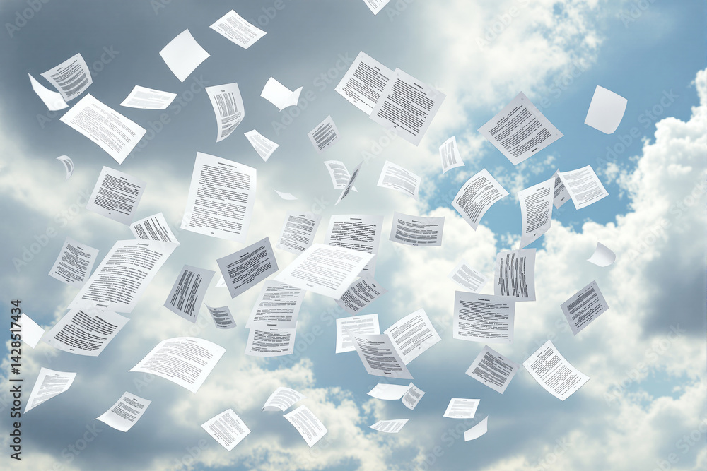 Numerous documents flying freely in a cloudy sky, surreal atmospheric style, background of overcast clouds, concept of data loss and chaos, Ai generative