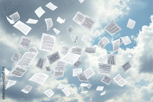 Obraz na płótnie Numerous documents flying freely in a cloudy sky, surreal atmospheric style, background of overcast clouds, concept of data loss and chaos, Ai generative w salonie