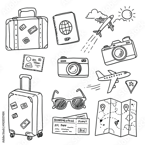 Travel essentials collection with suitcases passport cameras sunglasses plane map in line art style vector illustration