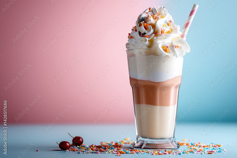 Colorful Dessert Milkshake with Whipped Cream and Sprinkles