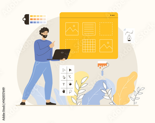 UI UX design concept. Man create layout and optimize elements, testing user app interface. Flat vector illustration.
