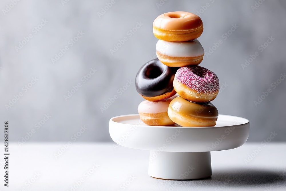 Colorful Donuts Stacked on a White Cake Stand in Soft Lighting