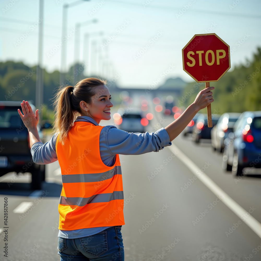 Traffic Controller at Work. Smiling woman wearing a bright orange vest holds a stop sign to control traffic on a busy highway. One person.