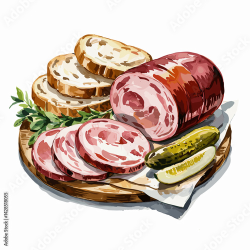 Watercolor BBQ Bologna Platter with Bread and Pickles