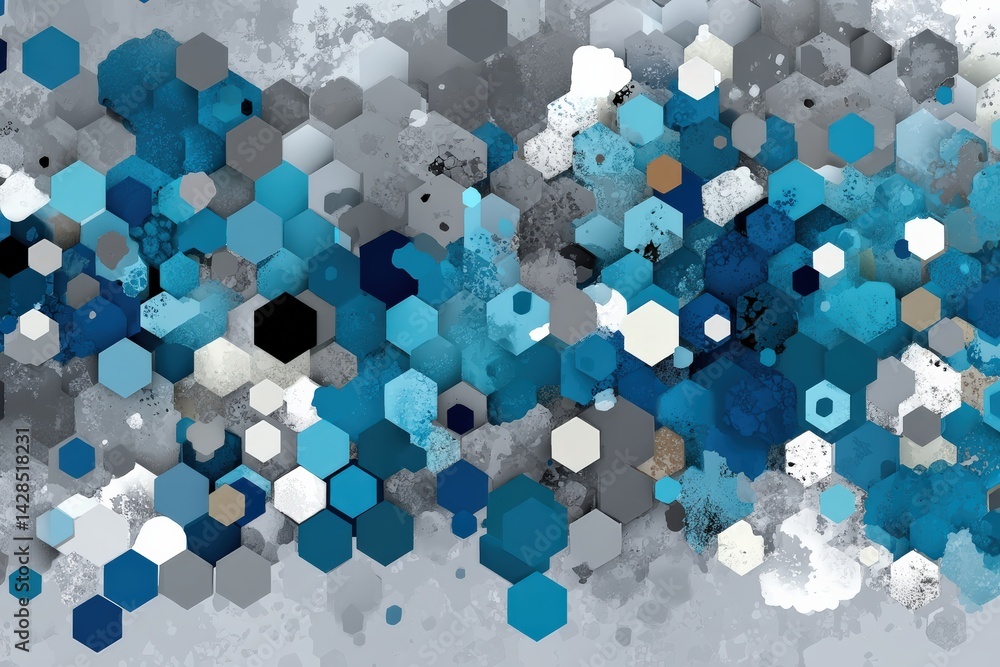 Colorful Geometric Pattern of Hexagons in Shades of Blue and Gray