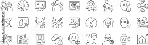 AI in medicine line icon set. Vector pictograms of diagnostics, technology, telemedicine, monitoring, health, chip, computer, microscope, clinical, support, thin linear illustration.