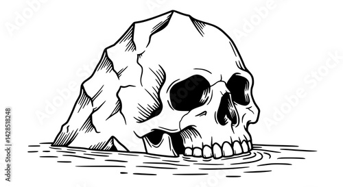 Skull integrated within rock formation illustration vintage woodcut style black and white representing mortality and nature.
