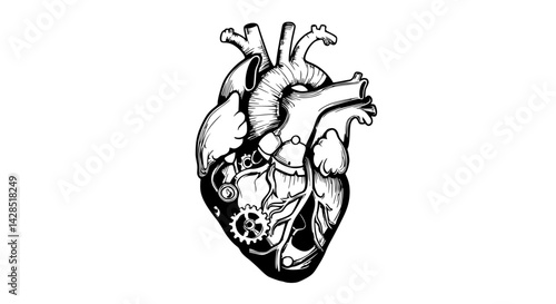 Steampunk anatomical heart illustration black and white representing biomechanical complexity.