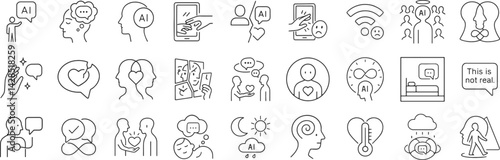 AI copresence attachment states line icon set. Vector pictograms of intimacy, relationship, tech, artificial empathy, mental projection, talk, social interaction, thin linear illustration.