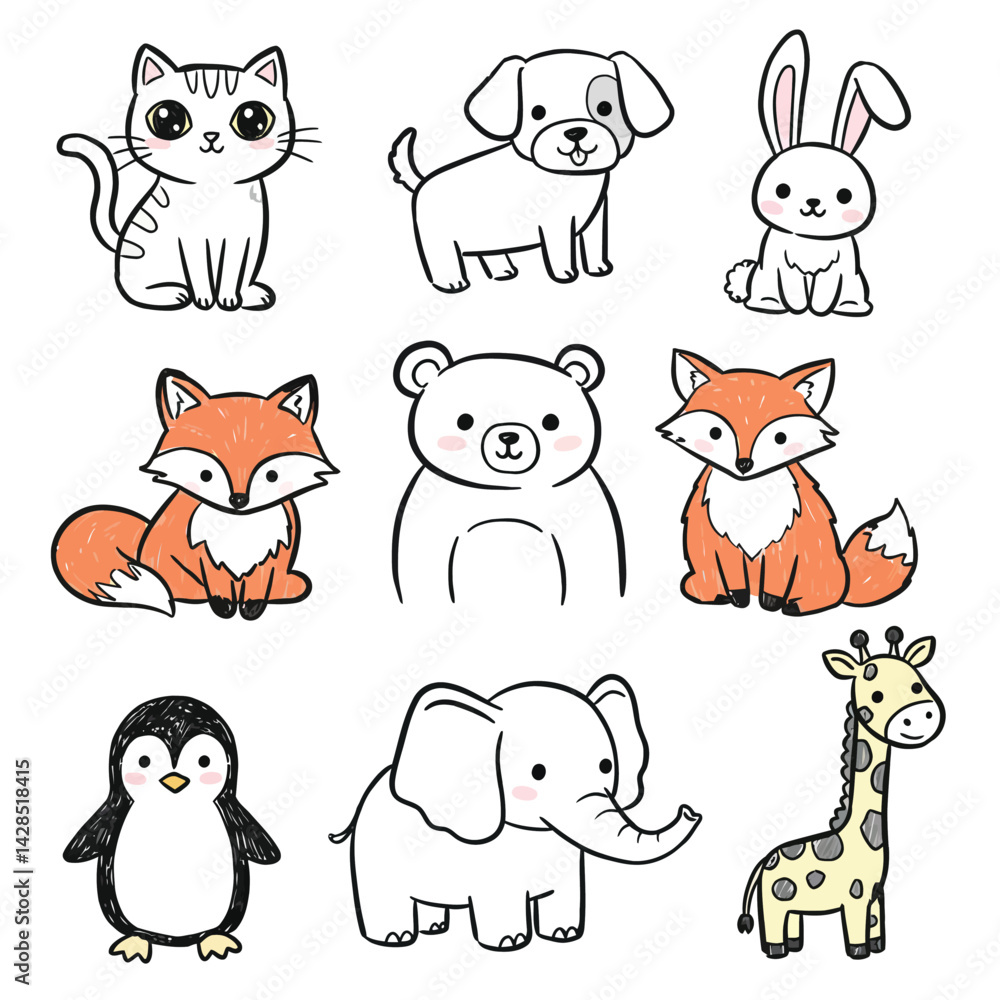 Obraz premium Cute cartoon animals including cat dog rabbit fox bear penguin elephant and giraffe vector illustration for kids and education 